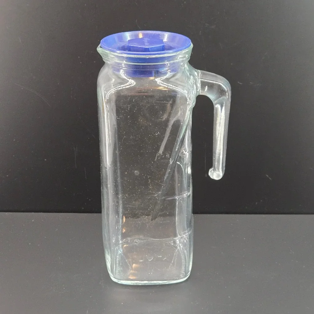 Frigorello Glass Pitcher Carafe with Blue Lid 1 Liter Made in Italy Clear Square